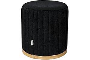 ‎QIYANO Qiyano Sitzhocker Pouf Fusshocker aus flauschigem Teddystoff in Schwarz mit Ziernähten in Muscheloptik für Schlafzimmer, Wohnzimmer, Kunstlederverzierung in Gold, Höhe ca. 45 cm, Farbe: Schwarz