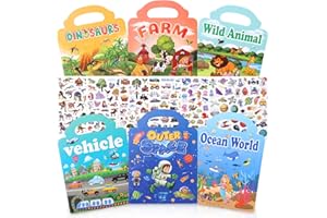 SYVORY 6 libros de pegatinas reutilizables para niños, libro de pegatinas 3D para niños, libro de pegatinas portátil para 2-4 años, pegatinas hinchadas: dinosaurios, animales, mundo submarino, granja
