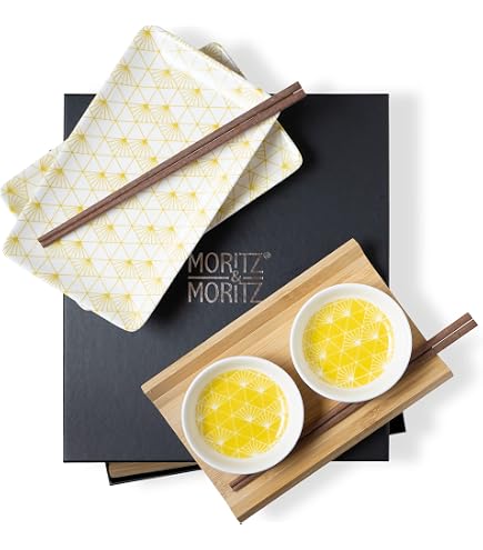 Sushi Set Für 4 Personen - Keramik Teller & Essstäbchen - Handbemalt Blau-Weiß