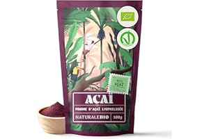 NaturaleBio Poudre de Baies d’Acai Bio - Freeze-Dried - 100g. Pure Organic Acai Berry Powder. Produit au Brésil, Lyophilisé, Cru, extrait de la pulpe de baie d'Açai.