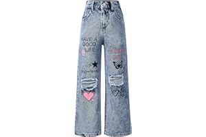 Happy Cherry Jeans Larghi Ragazze Pantaloni Strappati in Denim alla Moda Pantaloni Baggy Casual Vita Alta Elastica Vintage Blu Pants con Tasche per Bambina 5-14 Anni