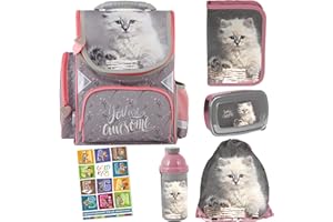 Goldkids - Schulranzen für Jungen und Mädchen, 6er-Set - Schul-Rucksack für Kinder mit Federmäppchen - Schuhbeutel und Hausaufgabenheft - Katze Motiv - 1-3 Klasse