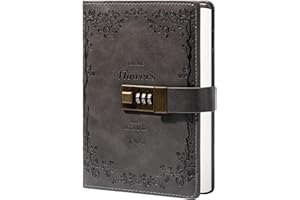 TIEFOSSI Diario de piel con cerradura para escribir cuaderno, combinación de contraseña, papel rellenable, 205 x 140 mm, color gris