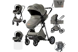 Prokoke Poussette 3 en 1, Poussette avec Réversible Deux Façons de Pousser, Pousette 3 en 1 avec Alliage d'aluminium à Cadre, Poussette Canne avec Conception Pliable en Un Clic (225 Deep Grey)