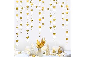 PINK BLUME 52Ft White and Gold Love Heart Garland Hanging Paper Streamer Banner for Anniversary Bachelorette Engagement Wedding Bridal Shower Birthday Father's Mother's Day Valentines Christmas Party Decorations