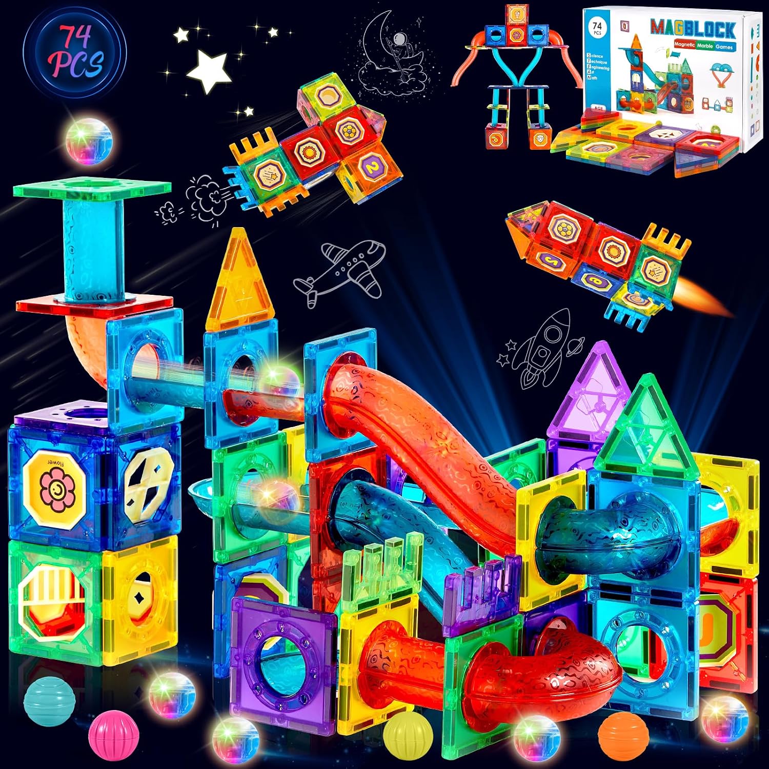 JUQG 74 Pcs Bloques de Construcción Magnéticos, Juego Construcción en 3D con Tuberías, Juguetes de Bloques de Construcción Educativos, Juguetes de Construcción para Niños para Niños Niñas 3+ (74Pcs)
