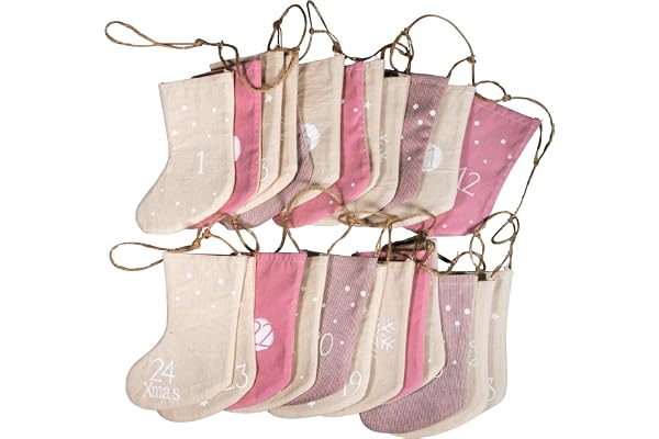 Rayher 46557000 Adventskalender Julstrumpor att fylla, tyg, 24 strumpor på jutesnöre 220 cm, rosa/mix - toner, normal