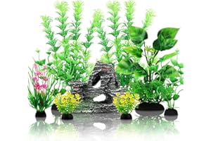 QUOZUO Rośliny akwariowe Plastikowa Dekoracja, Zielony Sztuczne Rośliny Akwarium z Skały Polyresin Cave Ornament do akwarium Ryby, 9 szt