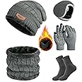 Vijamiy Hat Scarf and Gloves Set Mens Thermal Winter Hat and Gloves for Mens Neck Warmer Ear Muffs Touchscreen Gloves Socks for Skiing Hiking Driving