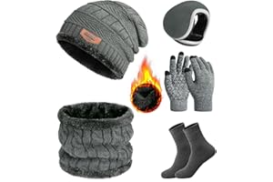 Vijamiy Hat Scarf and Gloves Set Mens Thermal Winter Hats and Touchscreen Gloves for men Neck Warmer Ear Muffs Socks for Skiing Hiking