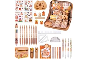 Bukbas Juego de Capibara Papeleria, 62pcs Kawaii Estuche Capibara con Pegatinas Capibara, Bolígrafos, Reglas y Más, Set Papeleria para Niños, Organizador Estuche de Capibara (A)
