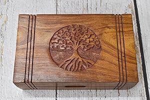 India House - Tree of Life - Caja de madera para almacenamiento de recuerdos, tallada a mano, multiusos, joyero (árbol de la vida de 8 x 5 pulgadas (con terciopelo)