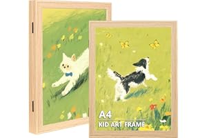 KAIWIN Kids Art Frames, 2 Pack A4 Fillable Front Opening Photo Frames, Holds 150 Drawings, Childrens Storage Frame Changeable, Wooden Kids Artwork Display Frame, Oak