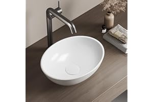 EMKE Lavabo da Appoggio Ovale 35 × 27 × 11 cm, Lavabo in Ceramica per Bagno e WC Ospiti, Bianco Lucido