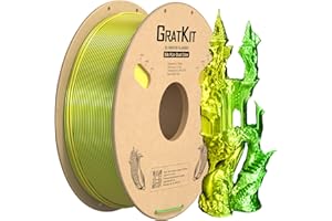 GratKit Filamento PLA Seda Doble-Color, Coextrusion Filamento de Impresión 3D 1.75mm, -0.03mm, 1KG Carrete (2.2 LBS), Silk PLA Amarillo y Verde