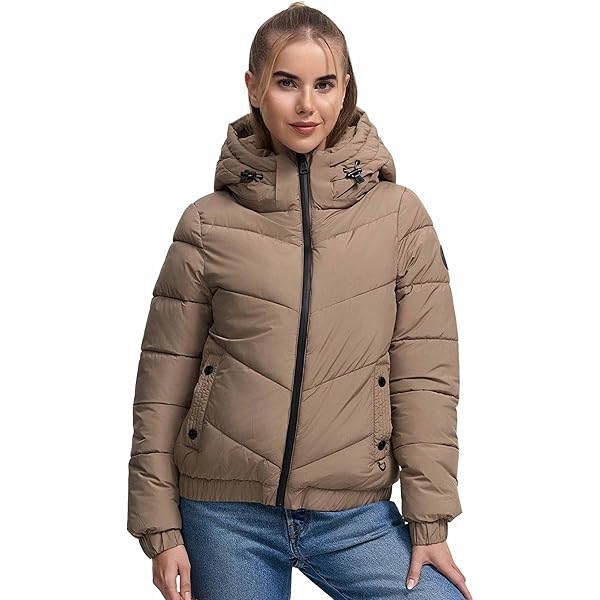 OXMO OXJuchena gewatteerde winterjas voor dames, jas met capuchon, zakken met ritssluiting, verstelbare elastische band, geribbelde manchetten, labeldetails, regular fit, Iron Gate (193910), M