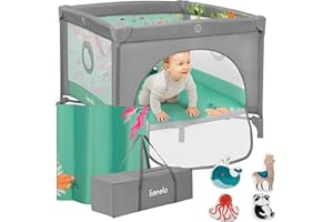 LIONELO MILLE Lettino da Viaggio e Box Gioco 2in1 con Materasso, Compatto 100 x 100 cm Pieghevole, Entrata Laterale, Ruote con freno, Pareti realizzate in rete, Borsa, Per bambini da 0 a 15 kg