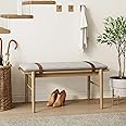 Nathan James Gugan Mid-Century Wooden Bench Seat, End of Bed Bench with Removable Fabric Cushion for Indoor Dining Room, Bedroom and Entryway, Light Brown/Ivory