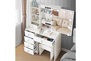 LIANWANG Tocador con Hollywood LED y Espejo, Mesa de Maquillaje con 5 Cajones Grandes y 1 Taburete, 3 Temperaturas de Color y Brillo Ajustable, Blanco, 131x80x36 cm