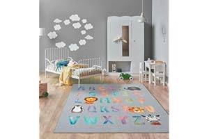 the carpet Happy Life, Tappeto da gioco per bambini, lavabile, alfabeto, grigio, 120 x 160 cm