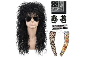 VELMAWIG 80er Jahre Perücke für Herren Rocker Punk Popstar Perücke 80er 90er Jahre Outfit Kostüm Perücke Schwarz Lang Locken Bad Taste Party Accessoire Mottoparty Karneval V016B