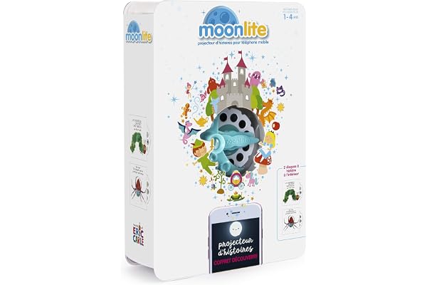 Moonlite 6047227 Pack Projecteur + 2 Histoires - Eric Carle - Projecteur d'histoires pour enfant bébé - Effets sonores et lumineux - Educatif et interactif - 1 à 7 ans - Inspiré des livres contes