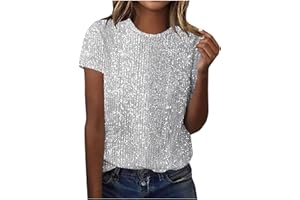 GENERIC Sequin Top for Women UK Sparkly Glitter Blouse Shiny Party Night Club Tunic Tops Elegant Short Sleeve Crew Neck Dressy Tee Ladies Baggy Loose T Shirt Shimmer Wedding Going Out Prom Cocktail Christmas