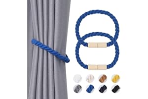 Pretty Jolly 2 Pack Wooden Magnetic Curtain Tiebacks Boho Home Decoration Drape Tie Backs Natural Cotton Handmade Rope Curtain Holdbacks for Thin or Thick Home & Office Window Drapery (Light Blue)
