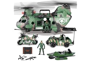 JOYIN 10 en 1 Hélicoptère de Transport Lilitaire géant Ensemble de Jouets,Y Compris l'hélicoptère avec lumière et Son réalistes,Camion Militaire, Kayak, Moto