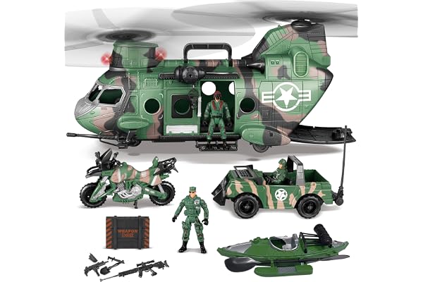 JOYIN 10 en 1 Hélicoptère de Transport Lilitaire géant Ensemble de Jouets,Y Compris l'hélicoptère avec lumière et Son réalistes,Camion Militaire, Kayak, Moto