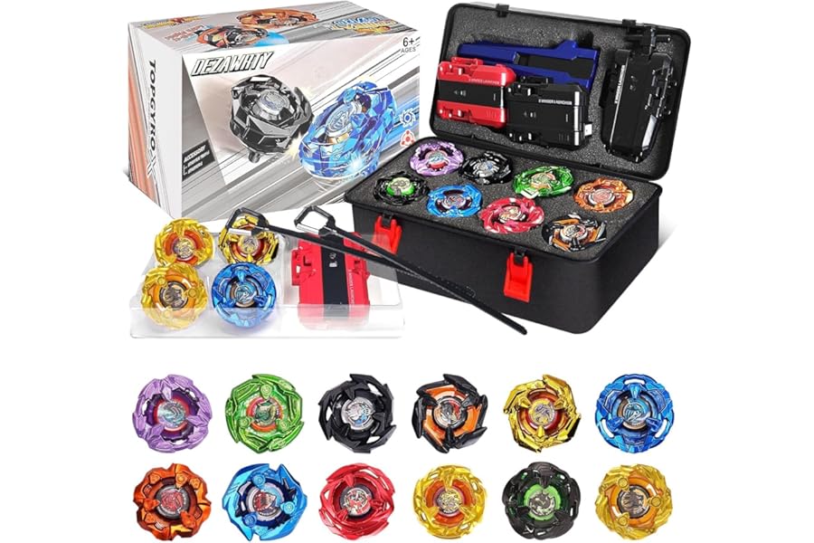 DEZAWRTY X Battling Set, 12 Spinning Tops, 3 Launchers and 1 Grip with Storage Box, Battle Gyro Pack with Portable Case, Kids Toys Birthday Gift Ideal for 6+ Years Old Boys