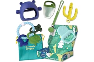 JUMBLE DREAM Baby Teething Essentials Kit - BPA-Free Baby Gift Teething Toys for 0-12 Months+ - Includes Fruit Feeder, Cooling Teether, Brush, and More - Easy-to-Hold, & Safe - Ideal Baby Gift
