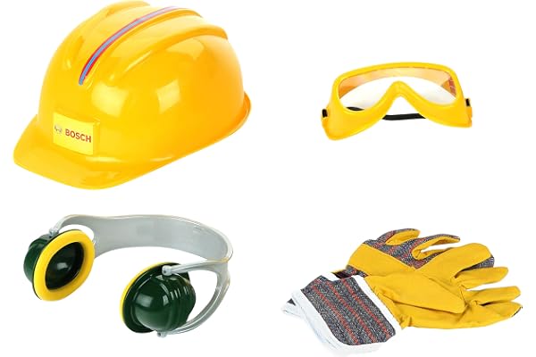 Klein 8537 Set d’Accessoires Bosch, 4 pièces - Gants, Casque de Travail, Paire de Lunettes de Travail et Casque Anti-Bruit - Dimensions : 30 cm x 38 cm x 10 cm - Jouet pour Enfants à partir de 3 Ans