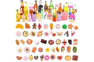 CARREUTY 40 sztuk mini zabawek spożywczych dla dzieci, 30 sztuk jedzenia i 10 sztuk butelek na napoje w losowym, uroczym domku dla lalek, zabawka dla lalek, zestaw zabawek kuchennych, prezent urodzinowy