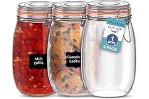 HEFTMAN Glass Clip Top Jar Set of 3-1 Litre Airtight Glass Jars with Lids and Silicone Seal for Pasta, Sourdough Starter, Chutney - Kitchen Organisation Empty Glass Storage Jars (1L - 3 Pack)