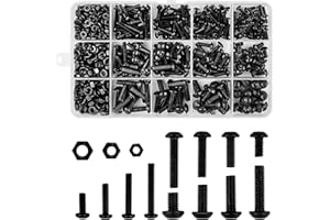 Frevoitna Juego de 500 Tornillos y Tuercas y Arandelas de Cabeza Hexagonal Negros, Tornillo Allen de Botón con Rosca Completa, Cabeza con Tuerca Plana Utilizado en Maquinaria y Autopartes M3 M4 M5