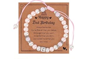 Risipu Birthday Gifts for 1-6 Year Old Girls, Pink Pearl & White Pearl Ball Bracelets Adjustable Number Bracelets with Birthday Card for Daughter Granddaughter Niece