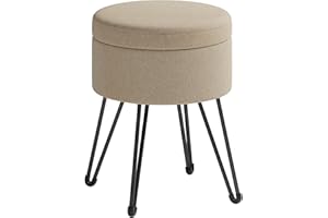 SONGMICS Puff Almacenaje, Baul Almacenaje, Banco Redondo, Taburete de Tocador, 39 x 44,1 cm, 4 Patas de Metal, Asiento Acolchado, Marrón Camello LOM002K01