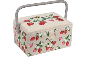 Hobby Gift Exclusif Medium Couture Craft Hobby Boîte de Rangement Plateau d'accessoires, Coussin à épingles, Poche, Poignée en PVC Couvercle brodé, fraises brodées, 18,5 x 25,5 x 14,5 cm
