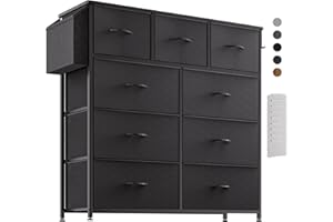 PURFINO Fabric Chest of Drawers - Canvas Storage Unit with 9 Drawers, Label Cards, Side Pocket & Hook for Living Room, Hallway, Bedroom