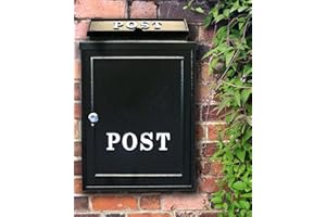 Aurahome® Vintage Weatherproof Post Box Plain Design Personalisable-Lockable Heavy Duty Secure Wall Mounted Letter Mail Post Box Post for Walls/Gates/Garages.Charming (Black with White Post Sign)