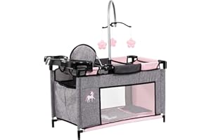 BAYER DESIGN Bayer Multi Bed Doll Accessories Set with Integrated High Chair, Feeding Tray, Baby Doll Cot with Changing Area, Dolls Bedding - Toy Baby Accessories, Role Play Toddler, 3+ Year Old Toys, Girls, Boys
