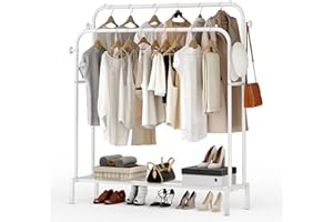 JOISCOPE Metal Clothes Rail, 43.7 * 55.5 Inch Clothes Rack for Bedroom with 2 Hanging Rails to Hang Clothes, 4 Clothe Hooks and Bottom Shelve for Hats, Boxes, Shoes and Clothes Storage, White