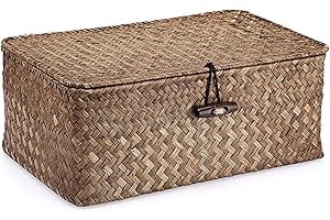 IGNPION Seagrass Storage Basket with Woven Seagrass Lid for Desk Bathroom Storage Box Shelves Decorative Basket Multipurpose Storage Basket (Coffee, Small)
