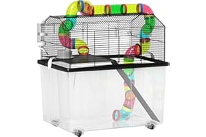 PawHut Hamster Cage, 2 Tier Gerbil Cage with 31cm Deep Tray, Tube System, Water Bottle, Ramp, Feeding Bowl, 58 x 43 x 57cm, Multicoloured