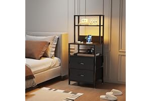 MUTUN Bedside Table with Charging Station and LED Light Strips, Nightstand with Drawers, Bedside Cabinet for Living Room, Bed Side Table for Bedroom, Black