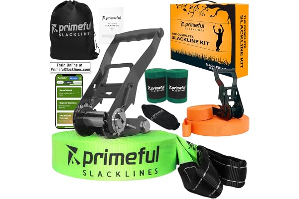 Primeful Slackline - Kit Complet pour Adultes Débutants et Confirmés - Slackline 18.5m, Ligne d’Entrainement Sac de Transport, Sangle à Cliquet et Protection Arbre Facile à Installer dans Le Jardin