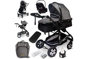 GAGA DUMI GaGaDumi Florida 3 in 1 Passeggino Trio, Carrozzina, Seggiolino Auto, e Passeggino Pieghevole, Navicella con Accessori Inclusi, 0-36 mesi, grigio/nero