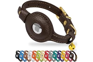 OOPSDOGGY Cat Collar with Bell for AirTag - Non Breakaway Leather Kitten Collar with Apple Air Tag Holder - Lightweight Integrated GPS Pet Collars for Girl Boy Cats, Small Dogs, Puppies (Dark Brown)