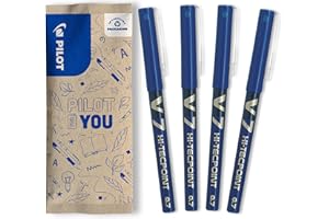 Pilot - Lot de 4 V7 - Stylos roller à encre liquide pointe aiguille moyenne - écriture fluide et précise (pointe de 0,7 mm) - Séchage rapide, ne fuit pas - Bleu - Pointe Moyenne